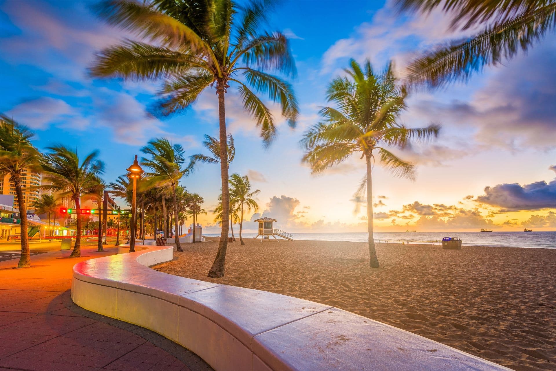 Palm trees on a beach along a boardwalk.